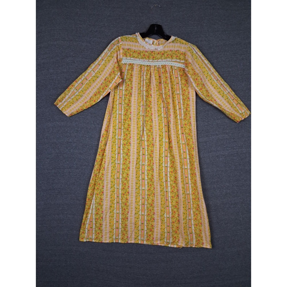 VTG Womens Nightgown 12 Yellow Floral Lace Trim Cottage Core Grandma Prairie US